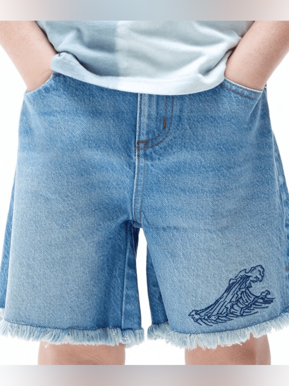 PACSUN Kids Light Blue Denim Frayed Hem Shorts with Wave Embroidery